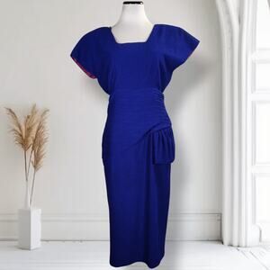 Vintage 80s Susan Roselli Vijack Cobalt Blue Draped Cocktail Dress 8 Midi
